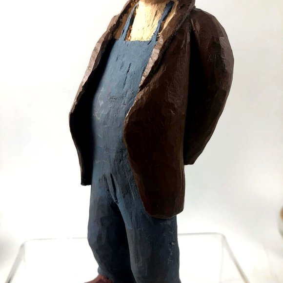 Hand carved Wood Folk Art Grandfather 7 Inches Overalls Coat Baseball Red Baseba - Picture 8 of 9